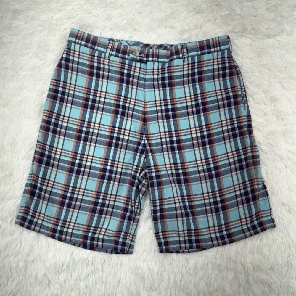 Peter Millar Shorts Mens 32 Aqua Navy Plaid Madras Cotton Flat Front Golf